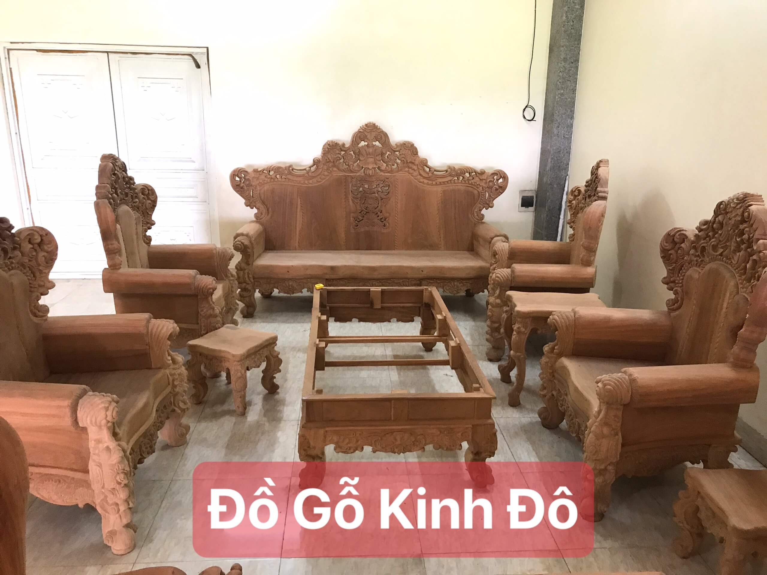 Bộ Ghế Hoàng Gia Louis 10 Món Nguyên Khối Gỗ Gõ ( Hàng Mộc Thô )