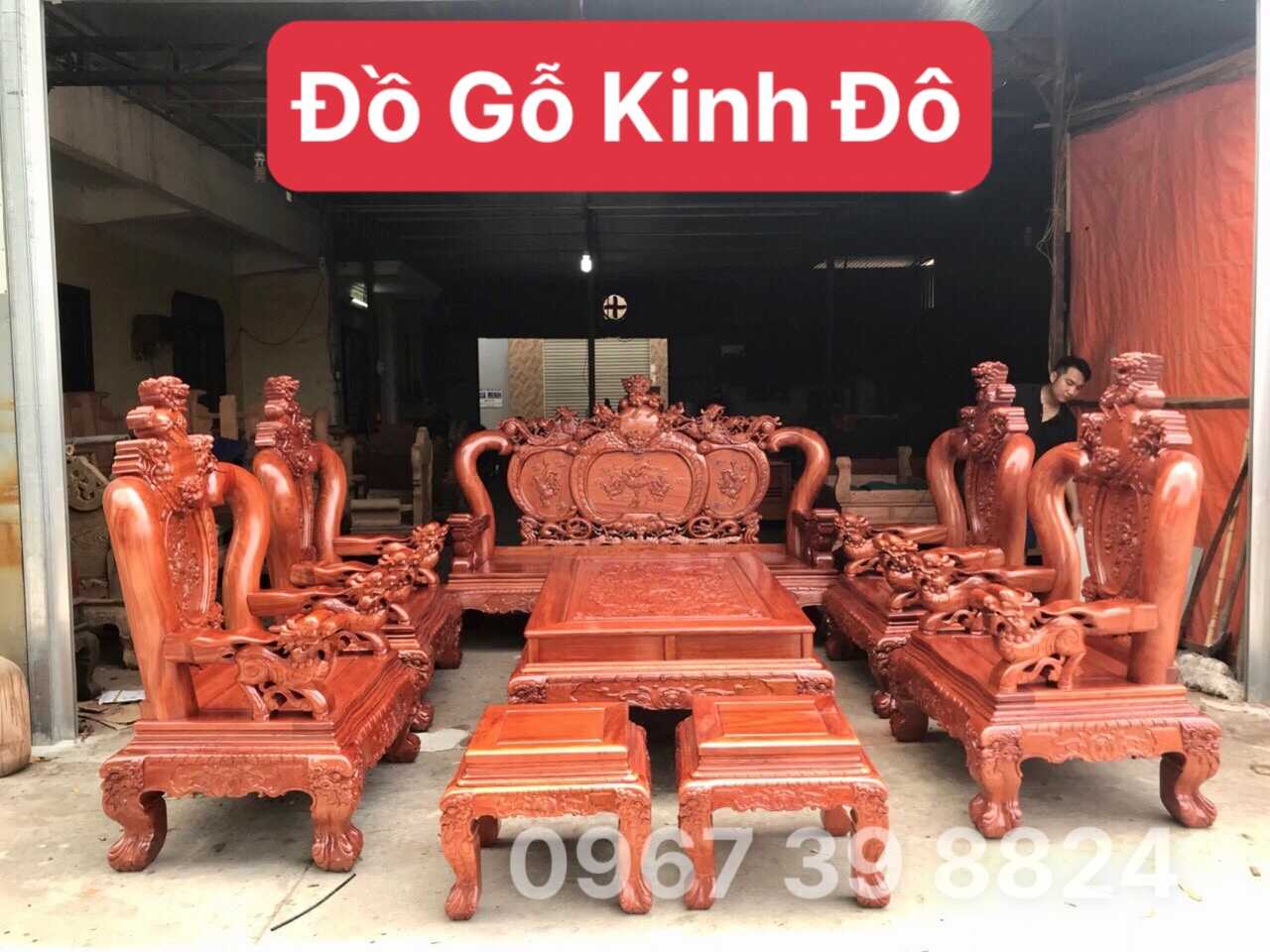 Bộ Bàn Ghế Nghê Bảo Đỉnh Tay Cột 14 Hàng 10 Món Gỗ Hương Đá Khủng