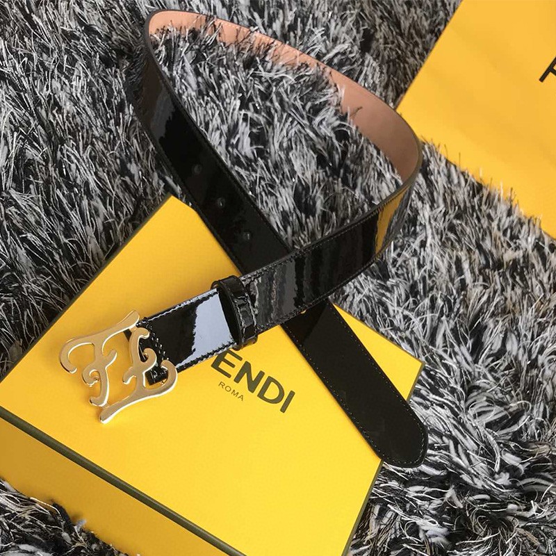 Fendi FF Karligraphy Bucket Belt In Patent Leather Black