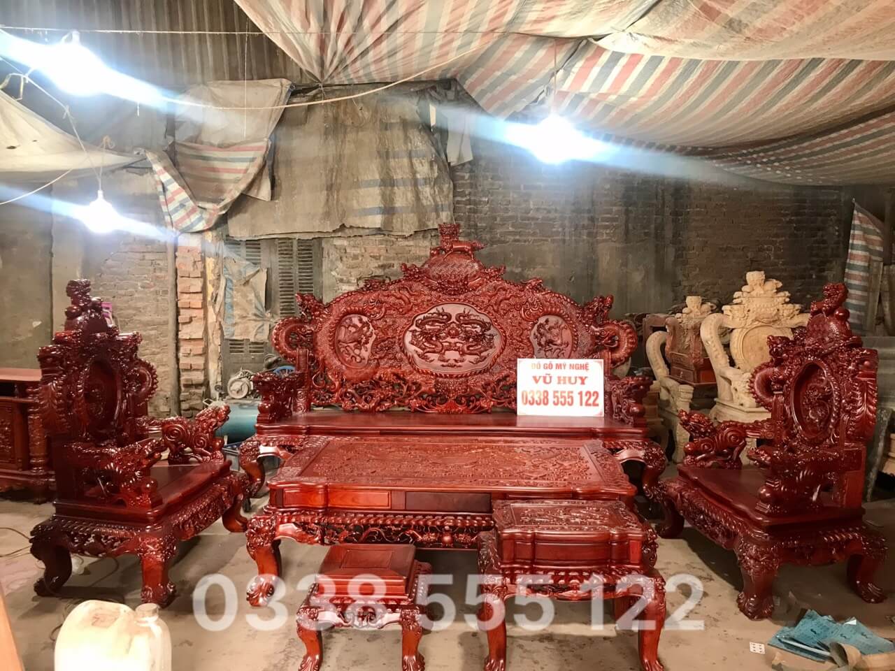 Bộ Ghế Rồng Đỉnh 6 Món Gỗ Hương Lào Sang Trọng. - Đồ Gỗ Vũ Huy