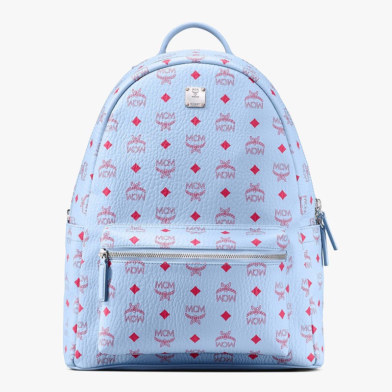 MCM Medium Stark Red Logo Backpack In Sky Blue