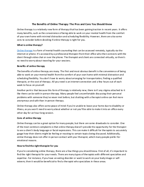 The Benefits of Online Therapy The Pros and Cons You Should Know | edocr