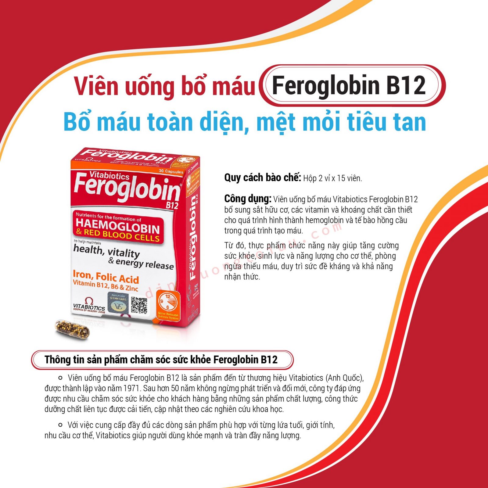 Viên uống bổ máu Feroglobin B12 - Bổ máu toàn diện, tăng khả năng hấp thụ dinh dưỡng - Dinh Dưỡng Tối Ưu