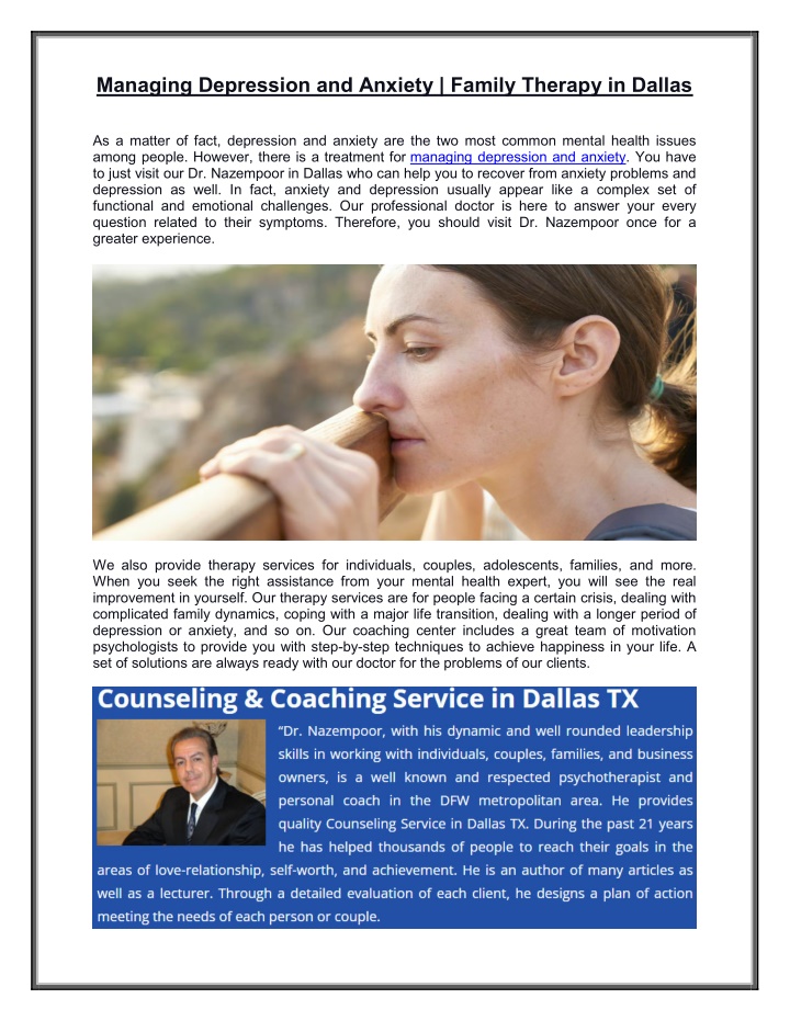 PPT - Managing Depression and Anxiety - Family Therapy in Dallas PowerPoint Presentation - ID:11508069