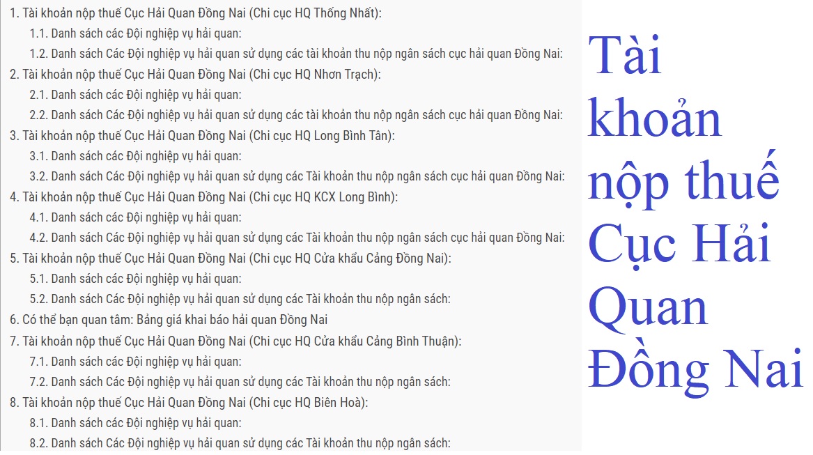 Tài khoản nộp thuế Cục Hải Quan Đồng Nai - Đức Transport