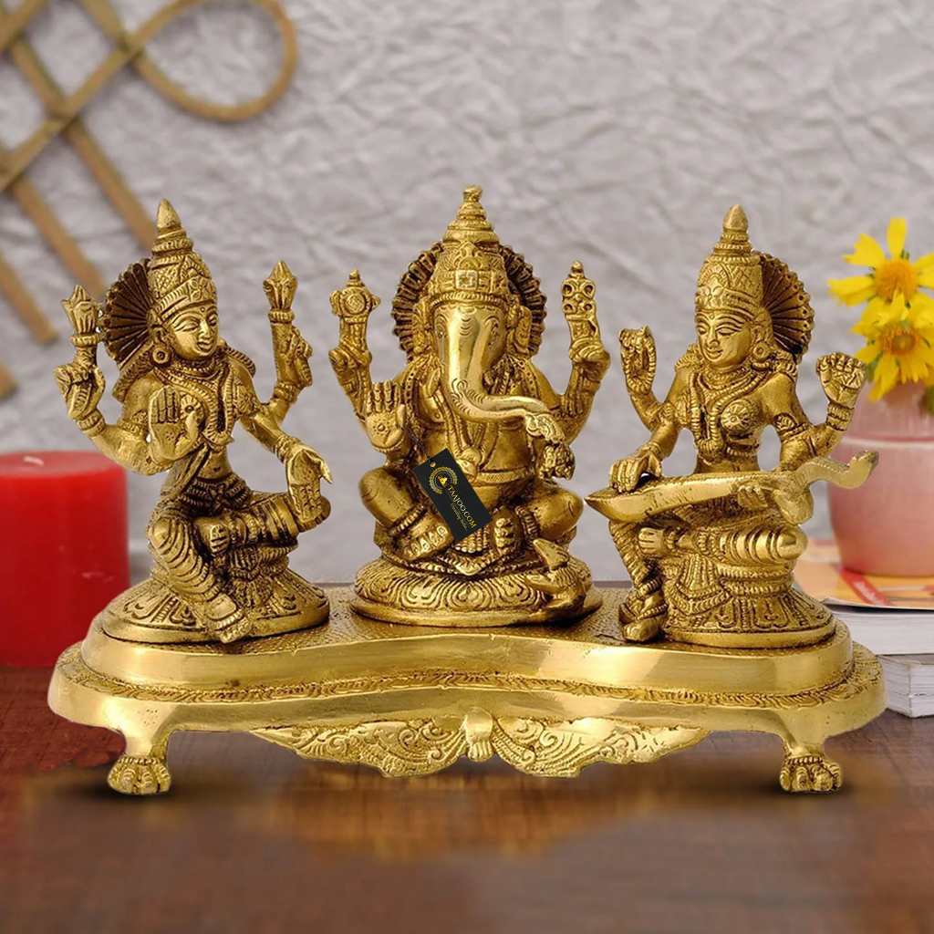 Brass Laxmi Ganesh Saraswati Idol for temple & Décor - Taajoo