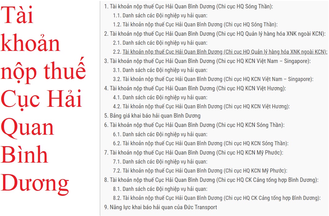 Tài khoản nộp thuế Cục Hải Quan Bình Dương - Đức Transport