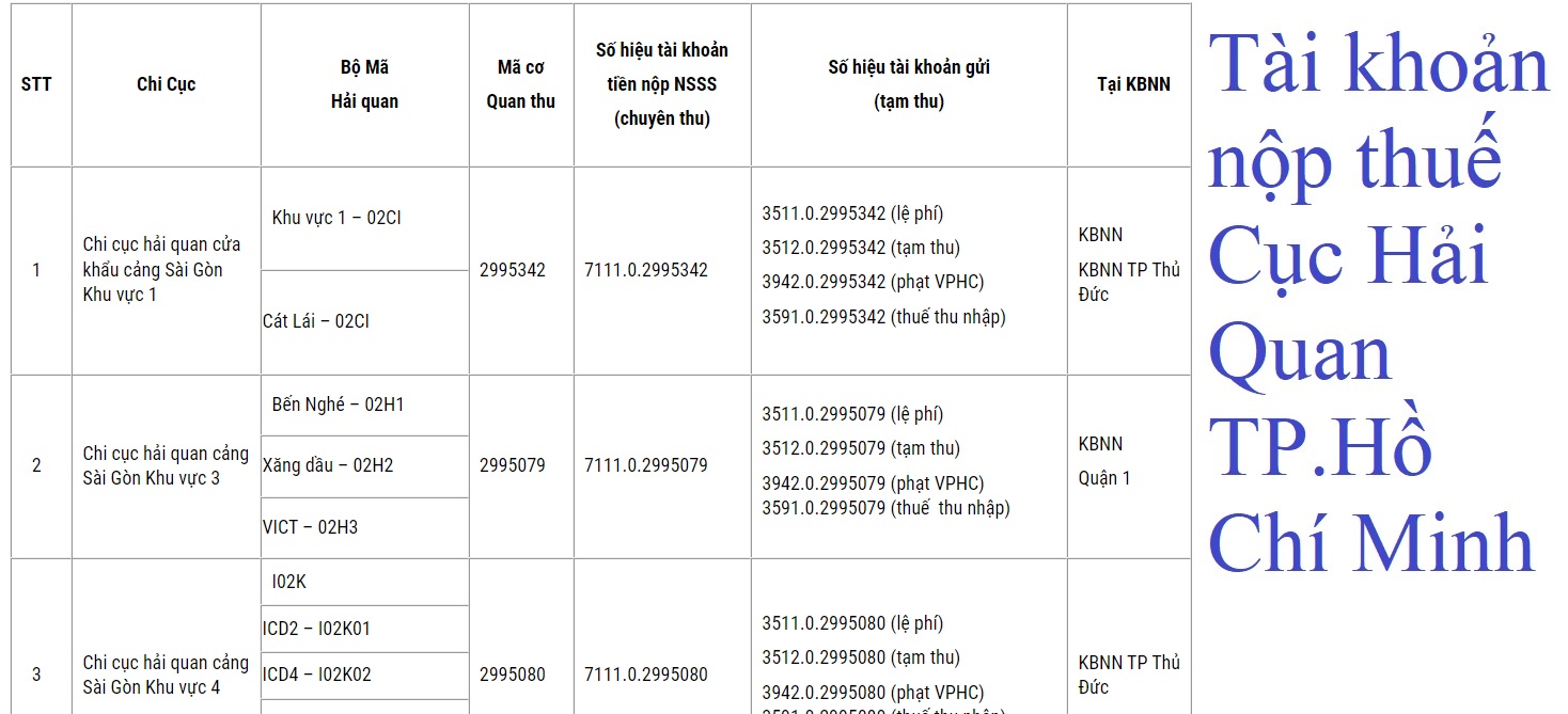 Tài khoản nộp thuế Cục Hải Quan TP.Hồ Chí Minh - Đức Transport