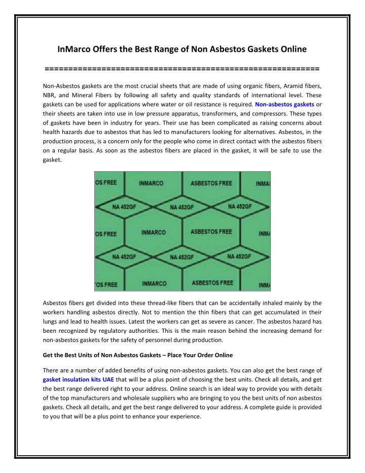 PPT - InMarco Offers the Best Range of Non Asbestos Gaskets Online PowerPoint Presentation - ID:11601138