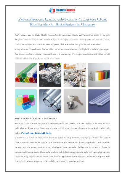 Polycarbonate Lexan solid sheets & Acrylic Clear Plastic Sheets Distributor in Ontario | edocr