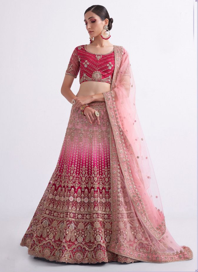 Warmfull Shaded Rani Net Fabric Cording Work Wedding Lehenga Choli
