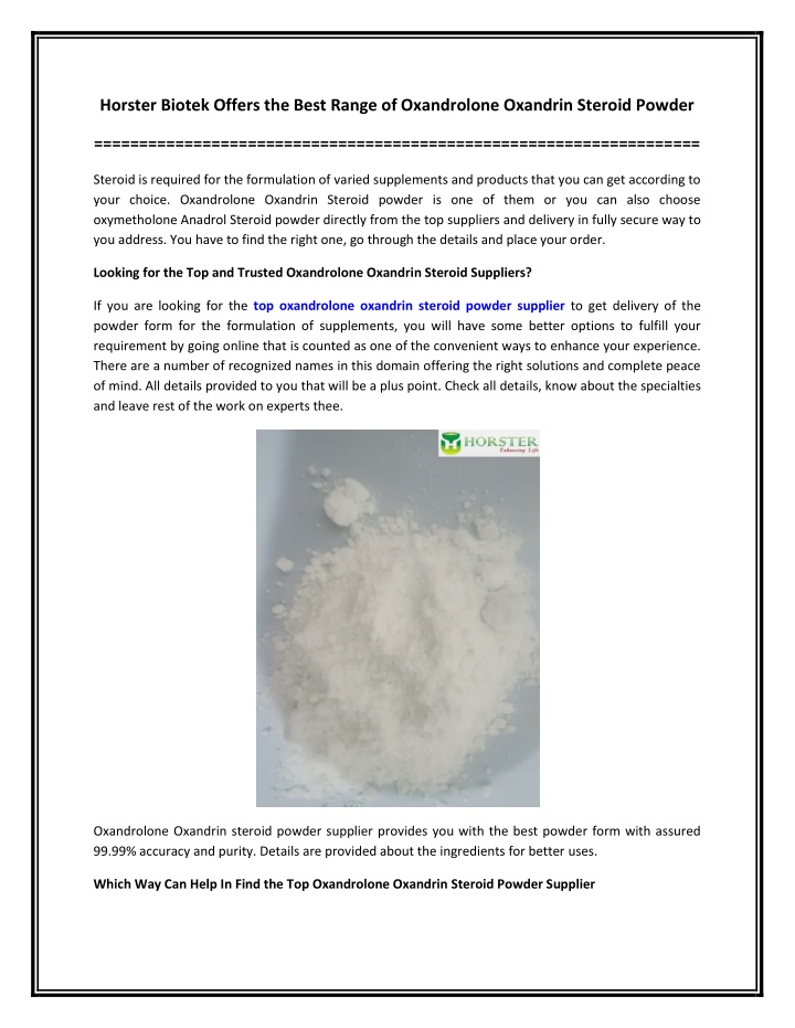 PPT - Horster Biotek Offers the Best Range of Oxandrolone Oxandrin Steroid Powder PowerPoint Presentation - ID:12070301