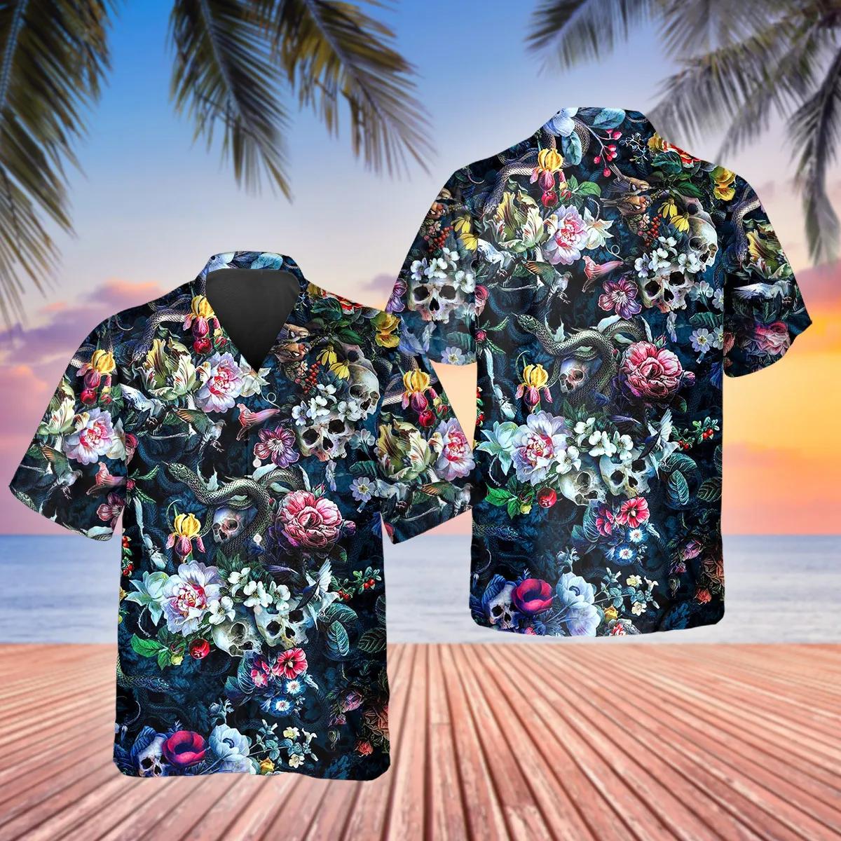 Floral Skull And Snakes Hawaiian Shirt - Skull & Viking Graphic Tees | 3D All Over Print Clothing