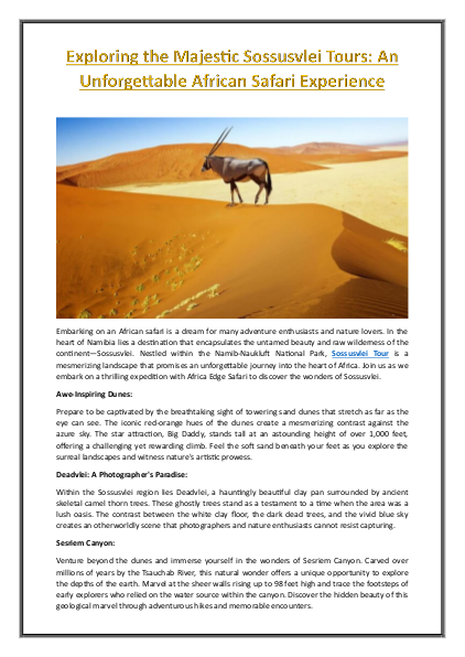 Exploring the Majestic Sossusvlei Tours - An Unforgettable African Safari Experience