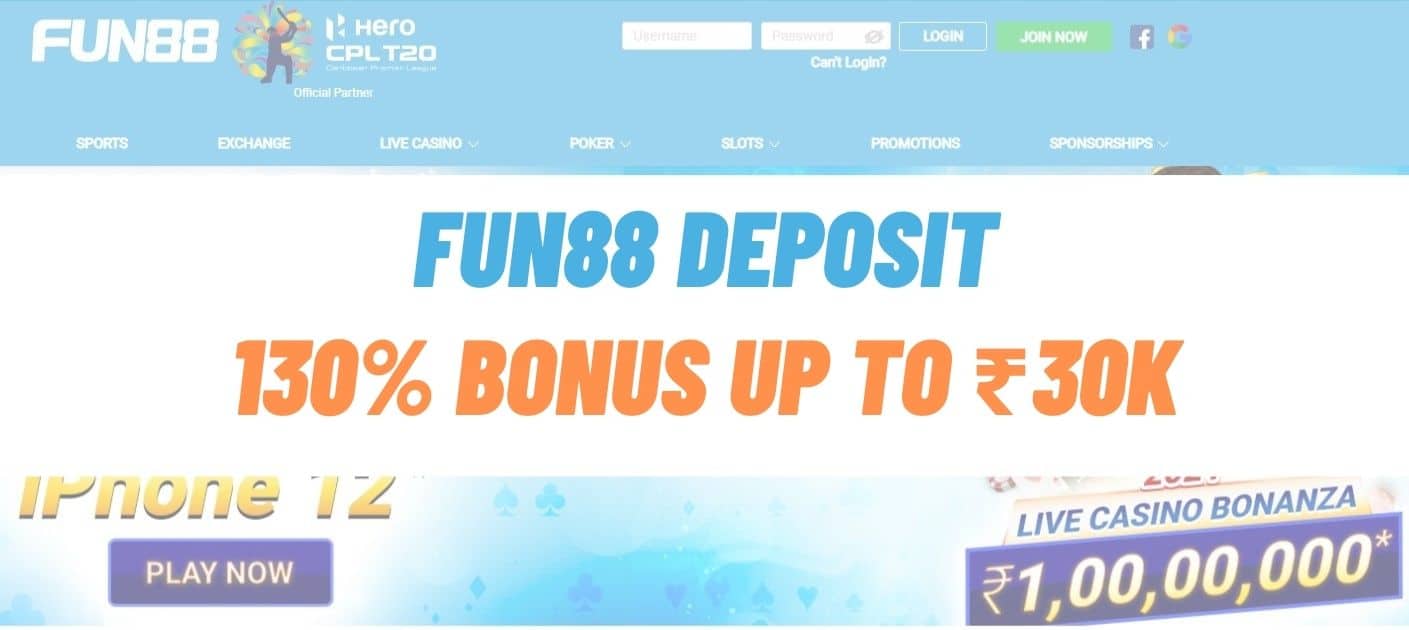 Making 1st Fun88 deposit & get 130% welcome bonus up to ₹30k