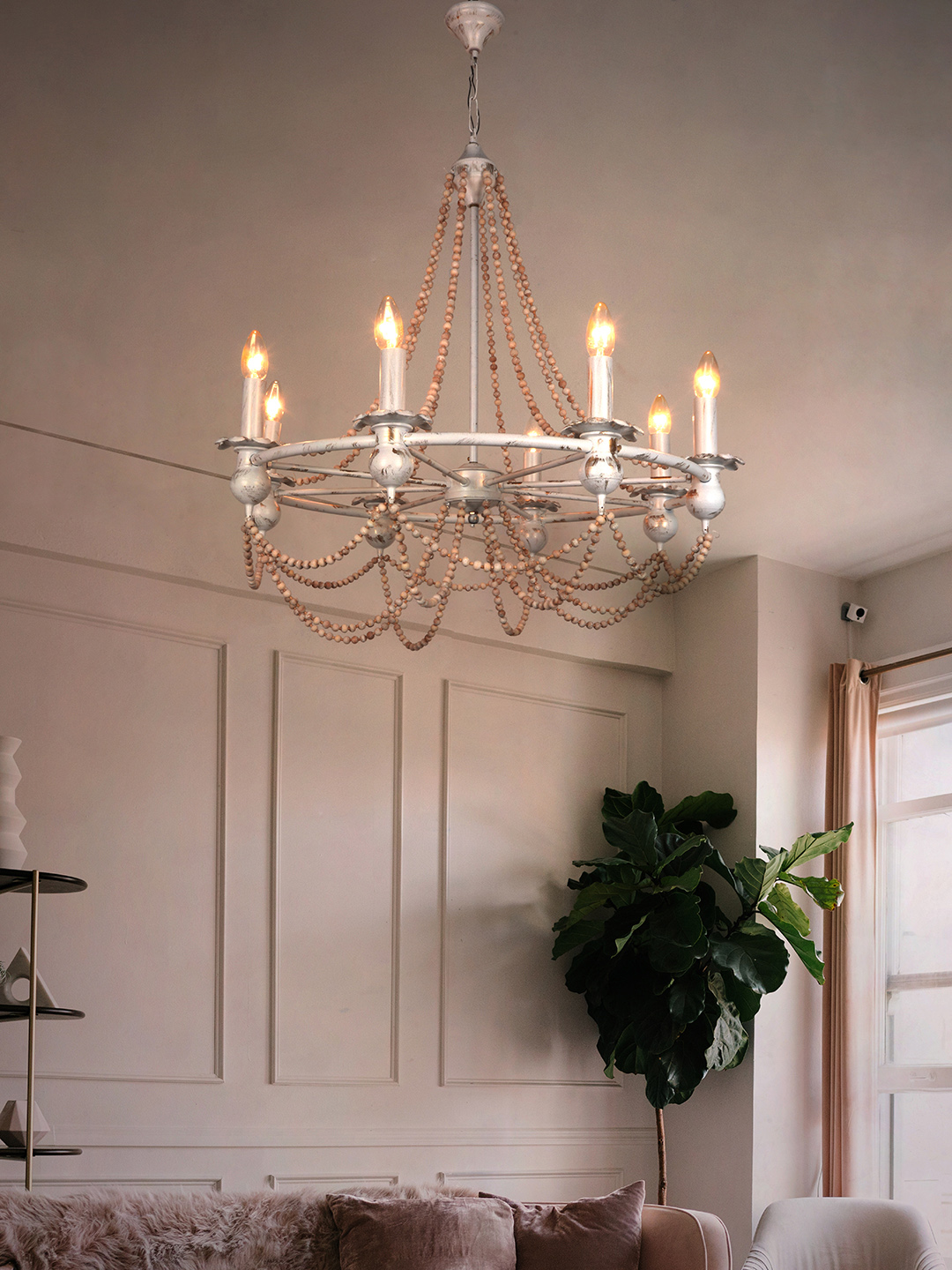 French Distress White 30 Inch wide 8-Light Steel Chandelier With Elegant Round Beaded Cords