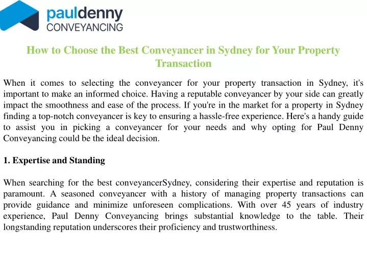 PPT - How to Choose the Best Conveyancer in Sydney for Your Property Transaction PowerPoint Presentation - ID:13458991