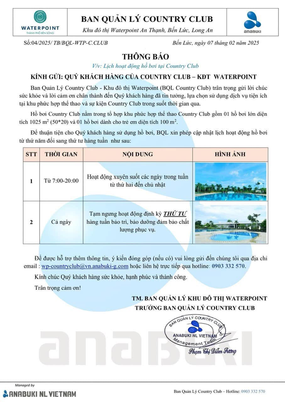 Thông báo lịch hoạt động hồ bơi tại Country Club Waterpoint